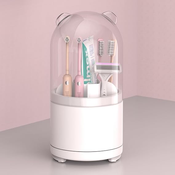 White Rotating Toothbrush Holder with Cover Electric Toothbrush Holder for Bathroom with Lid Cute Toothpaste Storage Sink Caddy Organizer Countertop Accessories Makeup Brush Stand for Vanity