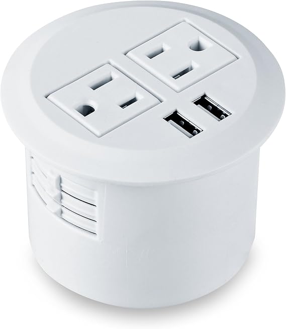 Desktop Power Grommet Power Outlet Socket Desk Data Center 2 Outlet with 2 USB Ports with 10 FT Extension Cord(White)