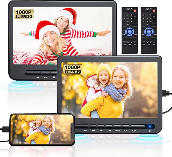 DESOBRY 10" DVD Player for Car, Headrest Travel System with HDMI Input | 1080P HD Screen, Triple Power Modes ,Support AV Out / USB/ CD with Mount Brackets and Straps, Dual Stereo Speakers