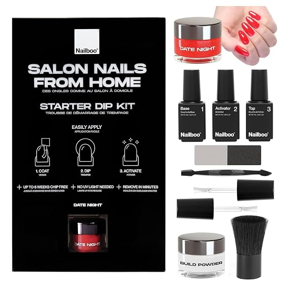 Nailboo Date Night Premium Dip Nails Starter Kit, Nail Powder Dip Kit for DIY At Home Manicure, Includes Dipping Powder and Liquids, Red