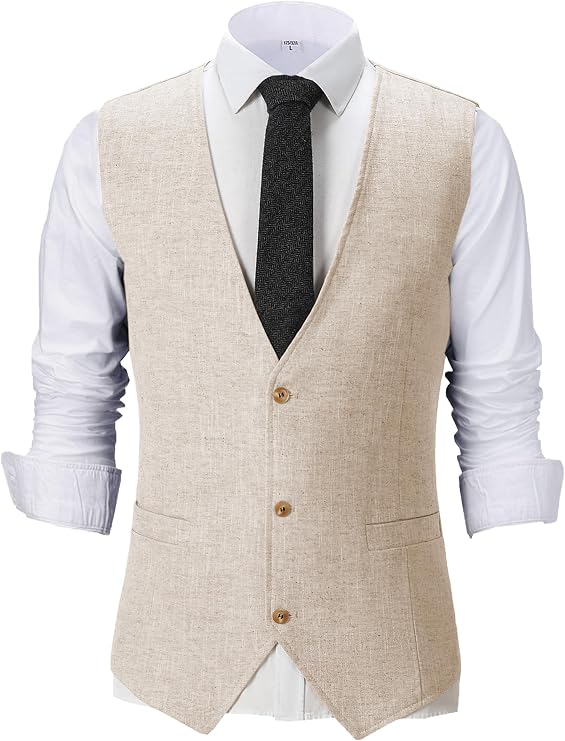 SOLOVEDRESS Men's Summer Leisure Cotton Linen Suit Vest Regular Fit Dress V Neck Waistcoat for Party and Beach