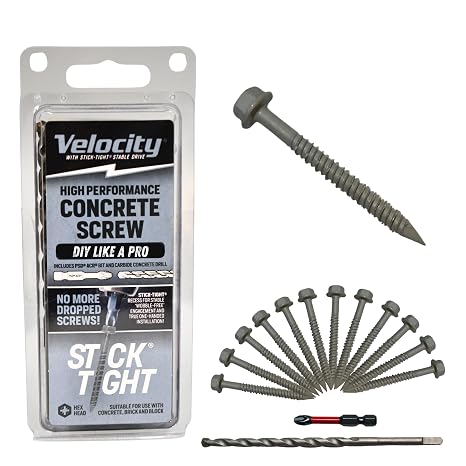 Velocity 2 1/4 Concrete Screws Set (Hex Head, 1/4") Includes 12 High-Performance Masonry Screws PCS, Stick Tight Technology, 1 PSD ACR Drive Bit and 1 Carbide Concrete Drill Bit