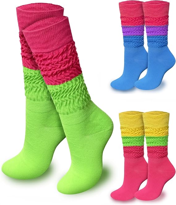 3 Pairs Neon Slouch Socks for Women, 80s 90s Neon Women's Leg Warmers Heavy Soft Extra Long Scrunchy Socks 80s Accessories for Women