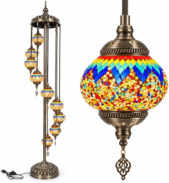 Turkish Mosaic Lamp - 74in Tall Floor Standing Light, Handcrafted 9 Globe Moroccan Design, 5.2in Glass Spheres, No Tool Assembly, Traditional Artistry, Included E12 Bulb