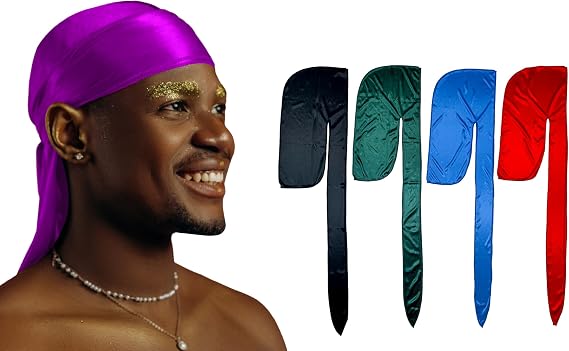 1 Pack Purple Silky Satin Durag Bundle 4 Pack Silk Dorag Assorted Colors (Black Green Blue Red)