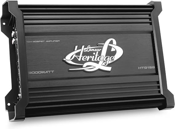 Lanzar Mono-Block Mosfet Amplifier - 2 Ohm Stable, Heritage Series Car Audio Amplifier, Class AB High-Current Dual Discrete Drive Stages, 5 Way Protections with Bass Boost Circuitry - HTG158