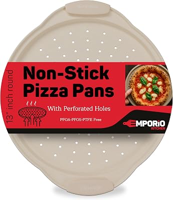 Non-Stick Pizza Pan with Silicone Handle 1 Pack, 13 Inch Round Carbon Steel Tray with Perforated Holes, Dishwasher & Oven Safe Up To 450F, PFOAPFOSPTFE Free, Durable Nonstick White Marble Coating
