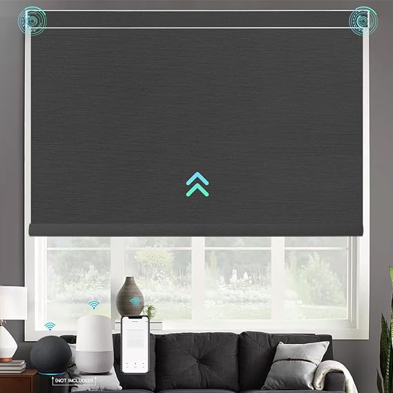 Motorized Blinds with Remote, 100% Blackout Smart Roller Shades with Valance, Cordless Electric Blinds, Automatic Shades for Windows Compatible with Alexa Google, Custom Size (Fabirc Dark Grey)