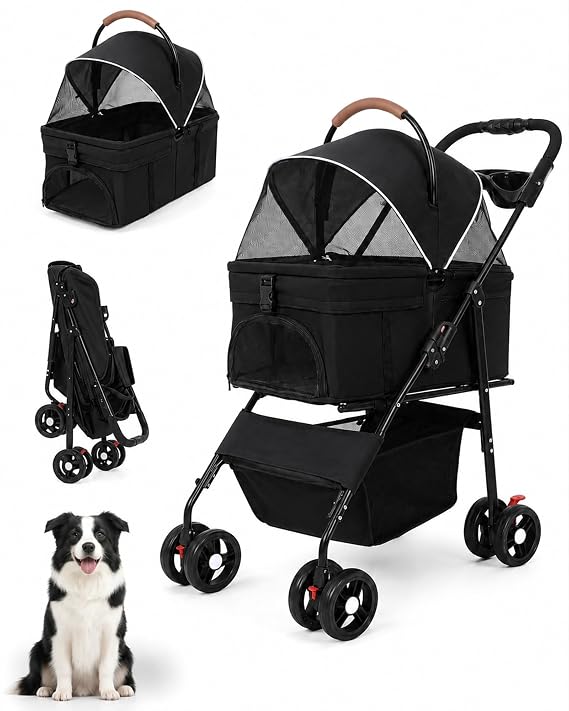 Pet Stroller, 3 in1 Foldable Dog Cat Stroller with Detachable Carrier-Black
