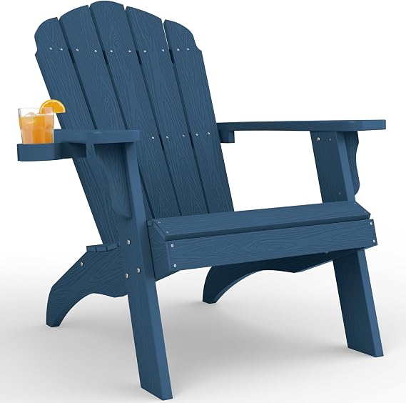 YEFU Oversized Adirondack Chair with Cup-Holder- Navy Blue | Heavy Duty Poly Lumber Outdoor Fire Pit Chair, Weather Resistant, Plastic Chair for Patio, Lawn, Deck, Weight Capacity 450lbs