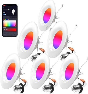 Smart Recessed Lighting 56 Inch - 6 Pack Wi-Fi RGB Color Changing LED Recessed Can Lights, 13W 1050LM Dimmable Retrofit Recessed Downlight Wafer Lights, Work with Alexa, Google, Siri
