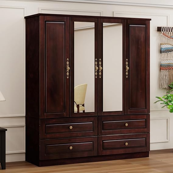 Solid Wood Armoire:4 Doors Wardrobe Closet with Mirror Brown Black
