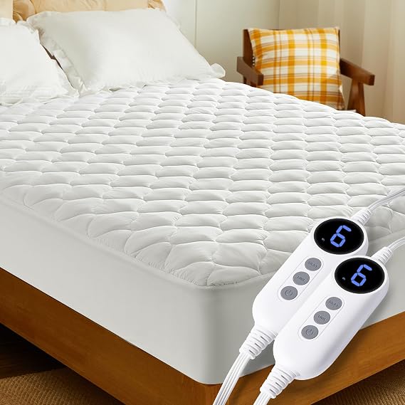 HYLEORY Electric Heated Mattress Pad Queen Size Dual Control, Fast Heating Bed Warmer with Deep Pockets, 9 Heat Settings & 10H Auto Shut Off, Machine Washable Mattress Cover, White 60"*80"