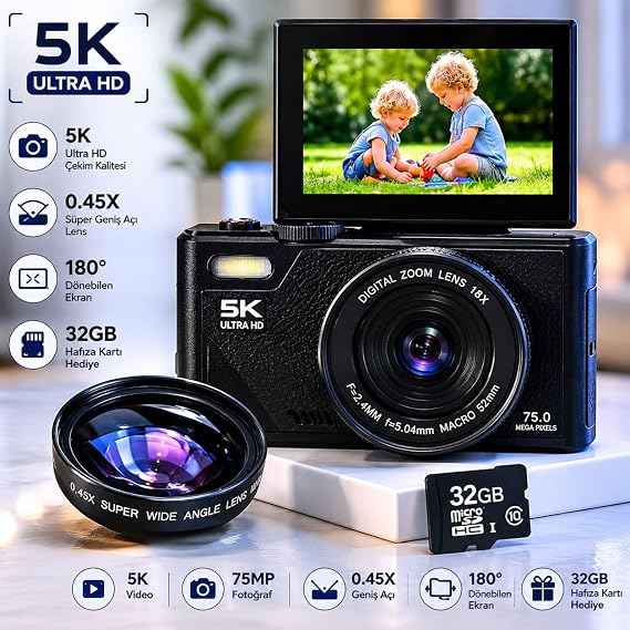 75MP 5K Dijital Kamera Lensli, 0.45X Geniş Açılı Lensli WiFi Vlog Kamera, 180° Döner Ekranlı 18X Zoom Fotoğraf Makinesi