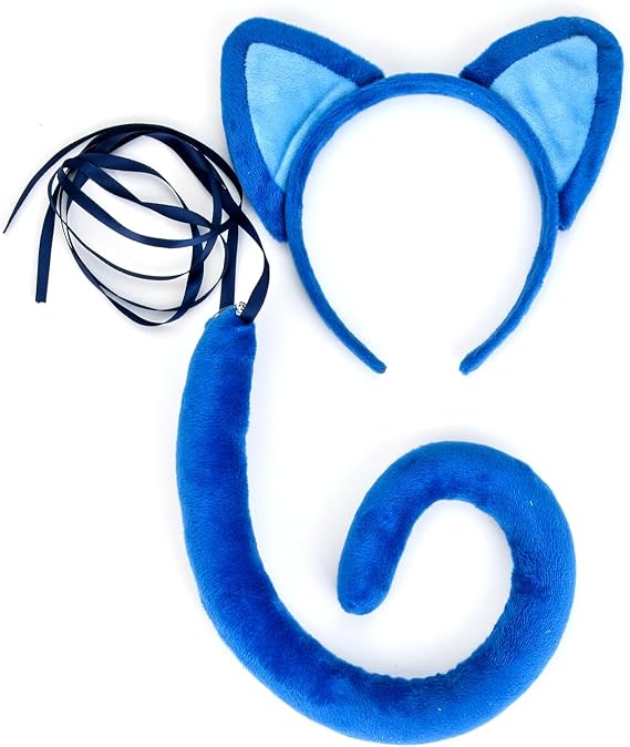 DDazzling Blue Cat Ears Headband and Tail Set Read Book Day Dress Up,Halloween Cat Costume Family Accessories