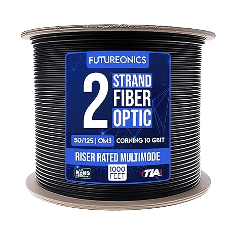 2 Fiber Indoor/Outdoor Fiber Optic Cable, Multimode 50/125 OM3, Corning, 10 Gbit, Black, Riser Rated, Corning Glass, Spool, 1000 Feet