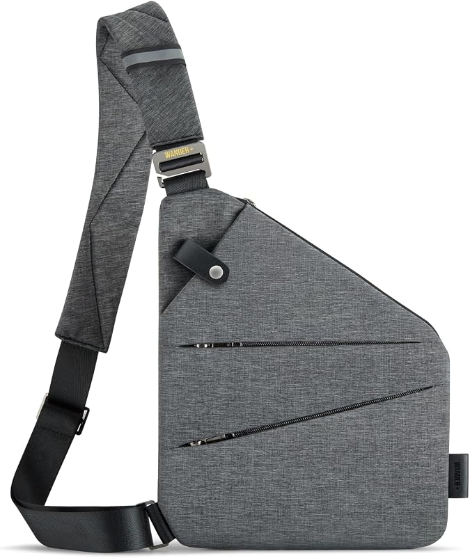 WANDER PLUS Left Shoulder Anti Theft Crossbody Travel Bag for Women Men, Multi-pocket Crossbody Bag, Slim Sling Bag with Adjustable Strap, Grey