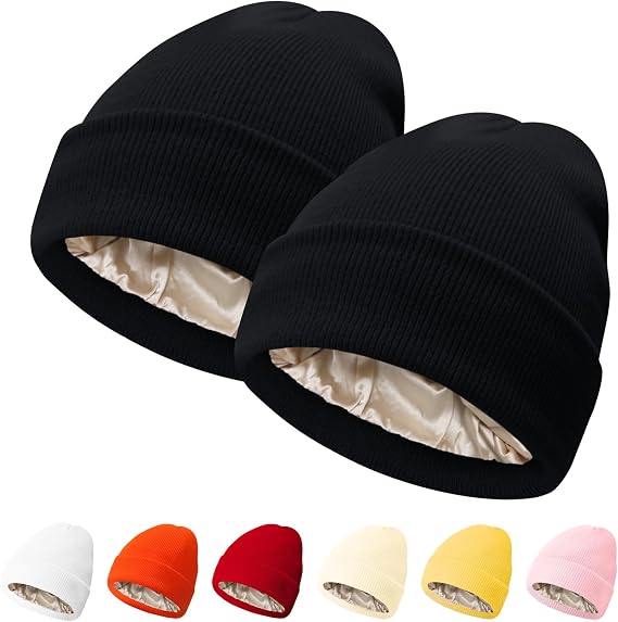 PFFY Womens Satin Lined Beanie Hat Silk Lining Winter Hats Beanies for Women Soft Slouchy Beanie Skull Cap