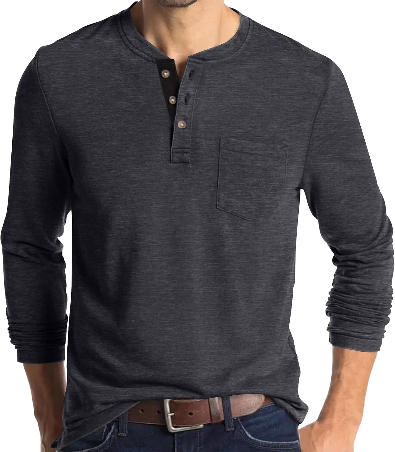 Mens Henley Shirts Casual Long Sleeve Button T-Shirt with Pocket