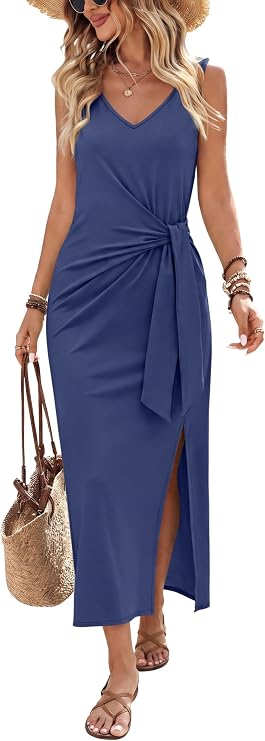 OFEEFAN Summer Dresses for Women 2026 V Neck Sleeveless Casual Dress Elegant Work Long Midi Dresses for Women Tie Waist