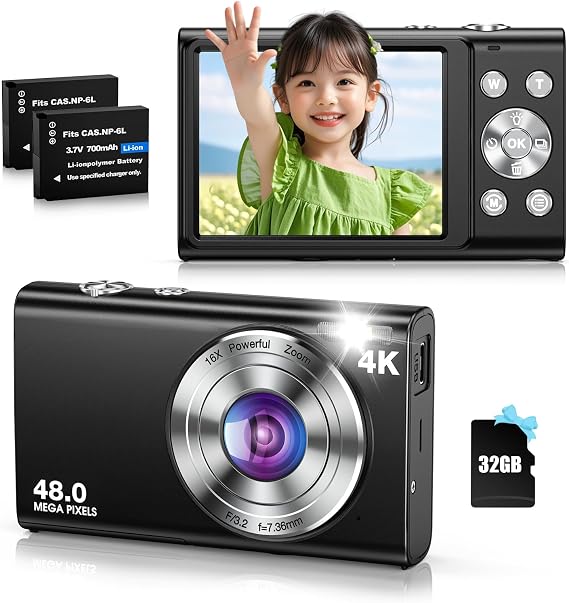 Digital Camera, 4K Digital Camera, Auto Focus, 48 Megapixels, Compact Digital Camera, 16x Digital Zoom, Image Stabilization, Vlog Selfie, Compact Camera, 2.8 Inch IPS Screen, 32 GB MicroSD Card