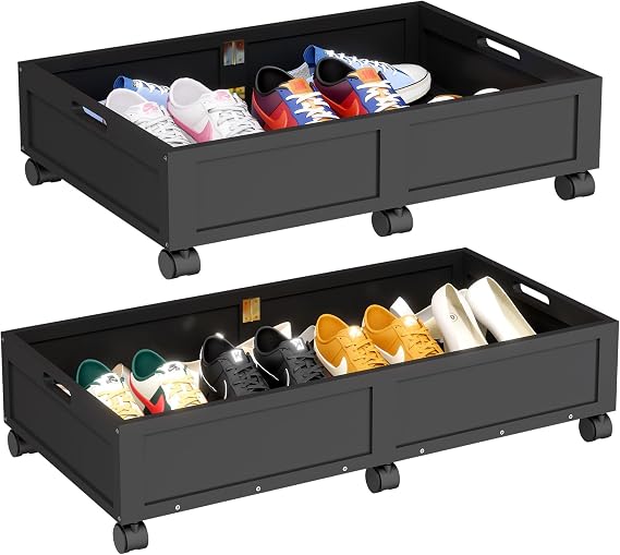 Under Bed Storage with Wheels, 2 Pack Bamboo Containers for Toy & Clothes