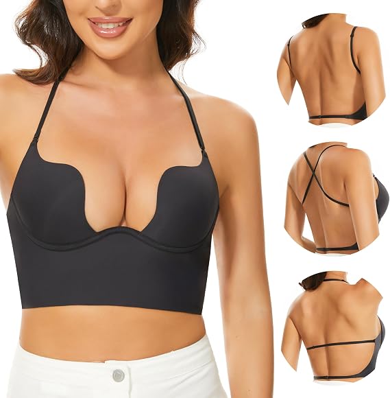 Low Back Bra for Women-Seamless Invisible Bra Deep U Plunge Backless Bra