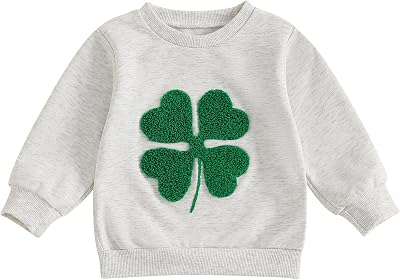 Toddler Baby Boy Girl St Patricks Day Clothes Clover Embroidery Sweatshirt Long Sleeve Crewneck Pullover Shirt Tops