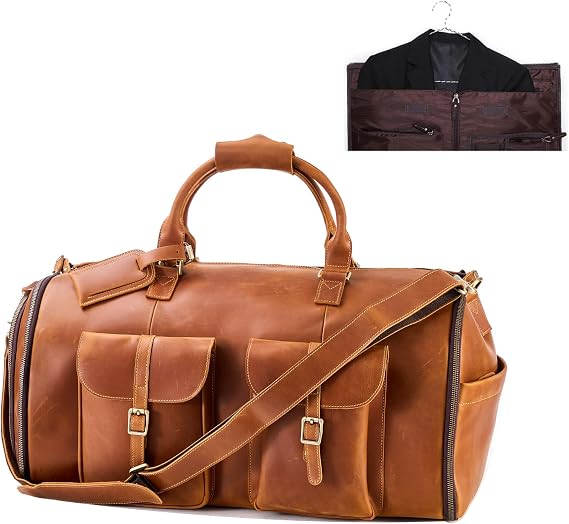 Genuine Leather Convertible Garment Bag with Shoes Compartment Customized Full Grain Leather Carry on Duffle Bag Garment for Men Women Weekender