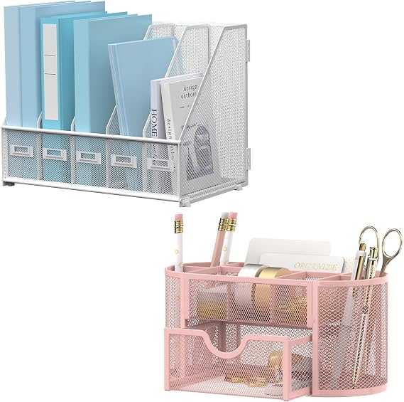 SUPEASY Bundle Rack File Organizer & Mini 9-Grid Pen Holder Pink