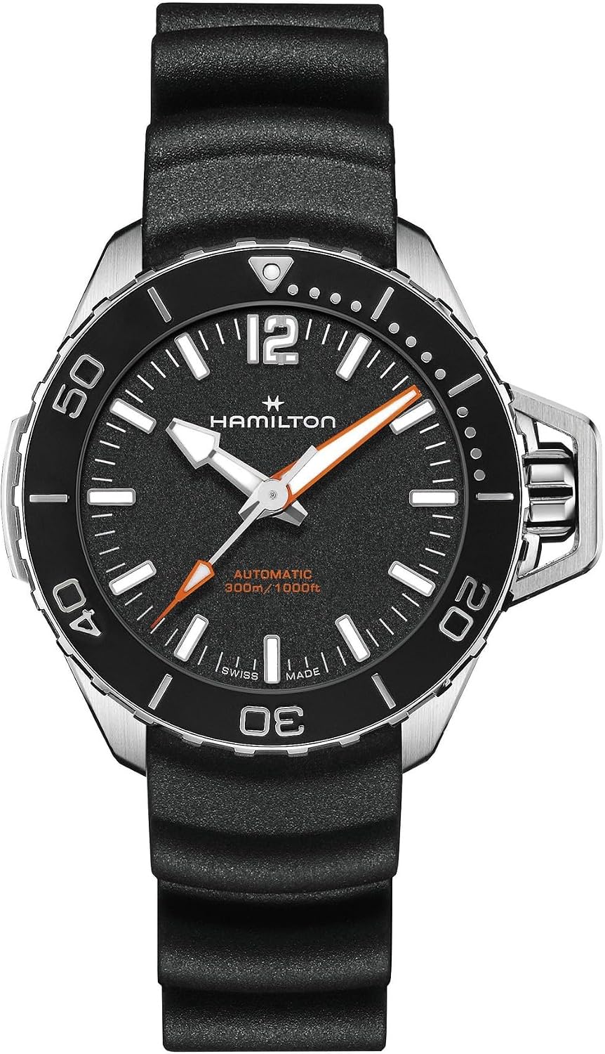Hamilton Watch Khaki Navy Frogman Auto | Swiss Made | 41mm Stainless Steel Case | Black Dial Analog Watch | Black Rubber Strap Model: H77455330