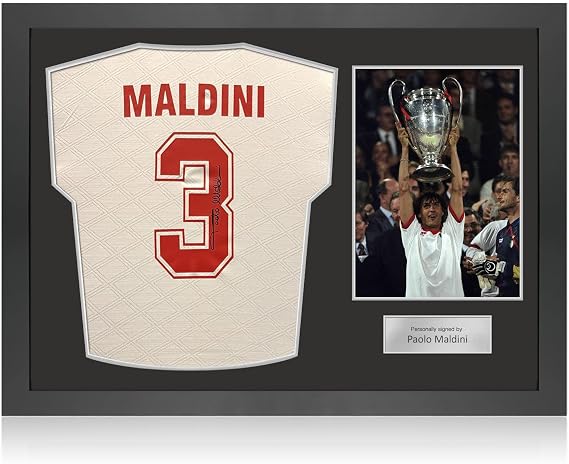 Paolo Maldini Signed Milan 1994 European Cup Final Soccer Jersey. Icon Frame