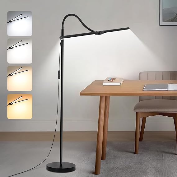 LED Floor Lamp, 18W/2000LM Bright Reading Floor Lamp for Office with Double Head, Adjustable Gooseneck Dimmable Modern Standing Light for Lash Extension Craft, Eye Caring Floor Lamps for Living Room