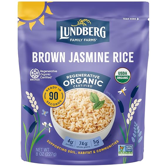 Lundberg Brown Jasmine Rice, Ready in 90 Seconds RegenerativeOrganic Certified Long Grain Brown Rice, Microwavable, Fluffy, Non-Sticky, Aromatic Organic Rice, 8 Oz