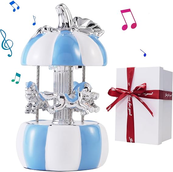 Carousel Music Box Gift Wrapped Ceramic Musical Carousel Color-Changing Lights Music Boxes for Girls Boys Kids Daughter Son Granddaughter Wife Mom Women Birthday Christmas (Blue Pumpkin)