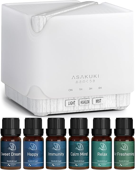 ASAKUKI Cozy Home Aroma Set, Essential Oil Diffuser with 6 Well-Being Essential Oil Blends for Bedrooms, Home Offices and Reading Spaces