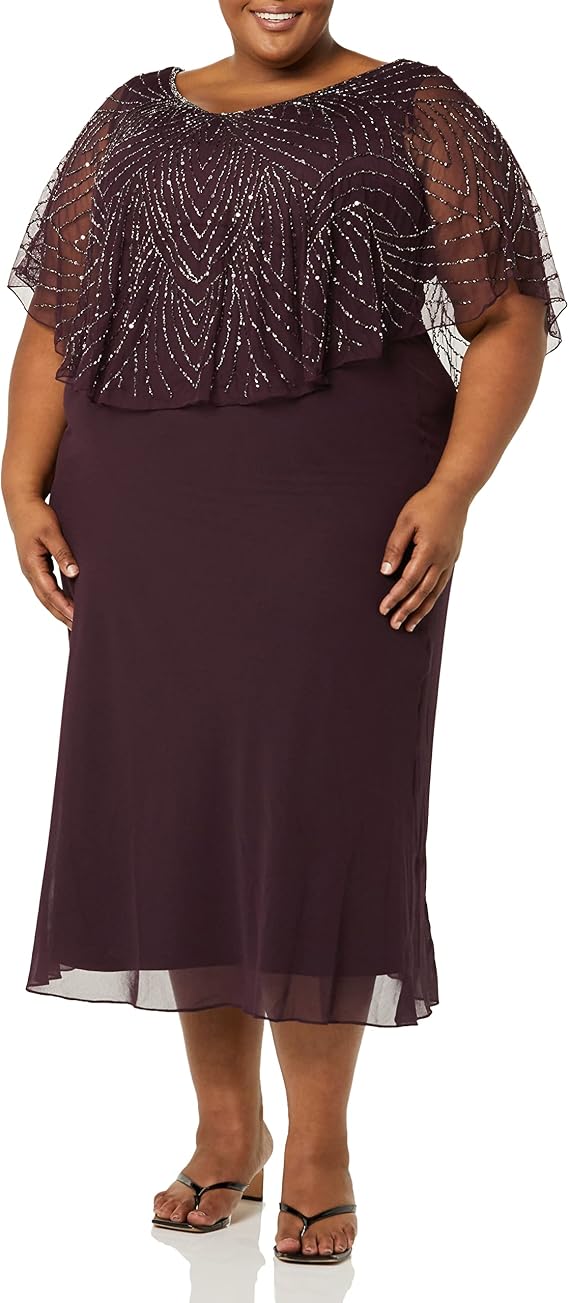 J Kara Women's Plus Size Pop Over Long Beaded Dress