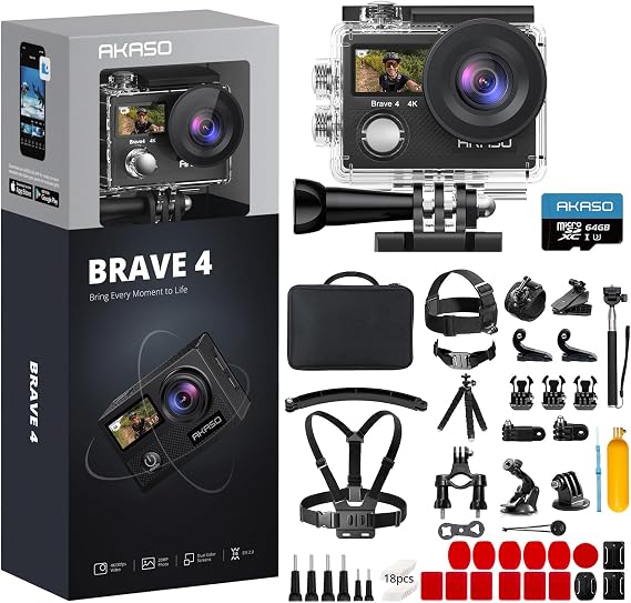 AKASO Brave 4 Action Camera with 64GB Card and 60 in 1 Action Camera Accessories Bundle Kit