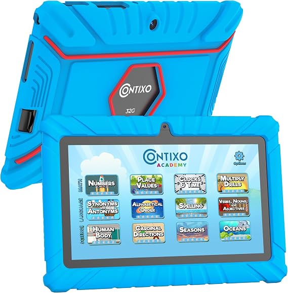 Contixo V8 7" Kids Tablet - 32GB Storage, Pre-Loaded Exclusive Ad-Free Content, Android, Parental Controls, Durable Kid-Proof Case, IPS Touch Screen, Dual Camera, WiFi, Ages 3-12, Gift - Blue