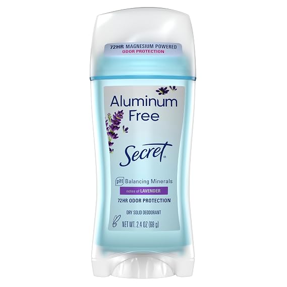 Secret Aluminum Free Deodorant for Women, 72hr Odor Protection, Naturally Derived Ingredients, Free of Parabens Dyes Talc & Baking Soda, PH Balancing Minerals, Dry Solid, Lavender Scent, 2.4 oz