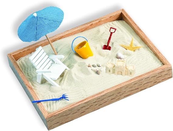 Executive Sandbox - Beach Themed Zen Garden - Desktop Stress Relieving Office Decor - Includes 8 x 10 Hardwood Sandbox, 8 Seaside Accessories, and Ultra-Fine Sand