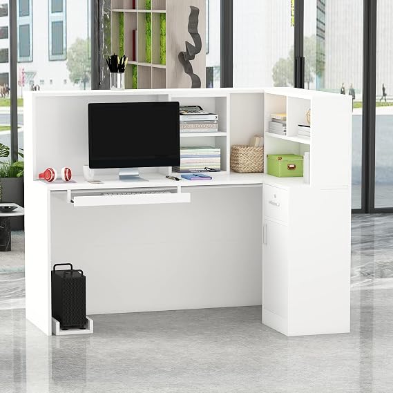 AGOTENI L Shape Reception Table with Open Shelf & Drawers, Wooden Computer Desk for Office Reception Room, White
