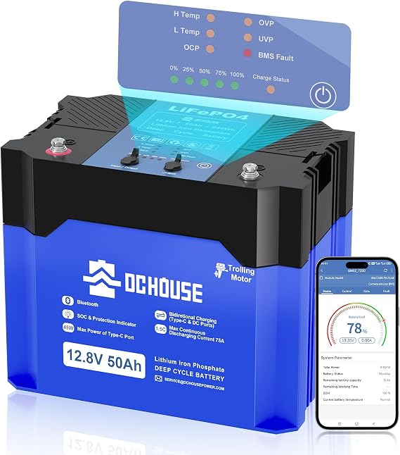 DC HOUSE 12V 50Ah 2.0 Trolling Motor LiFePO4 Battery, 75A BMS, DC & USB-C Port, Marine Battery w/SOC Status Indicators, Bluetooth & L/Temp Cut-Off, Group 47 Replace Trolling Motor Box for 30-65 lbs