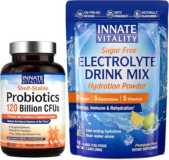 Innate Vitality Electrolytes Powder + Probiotics 120 Billion CFUs Bundle, Delayed Release, No Sugar, Hydration & Exercise Support, Value Pack, Bundle & Save