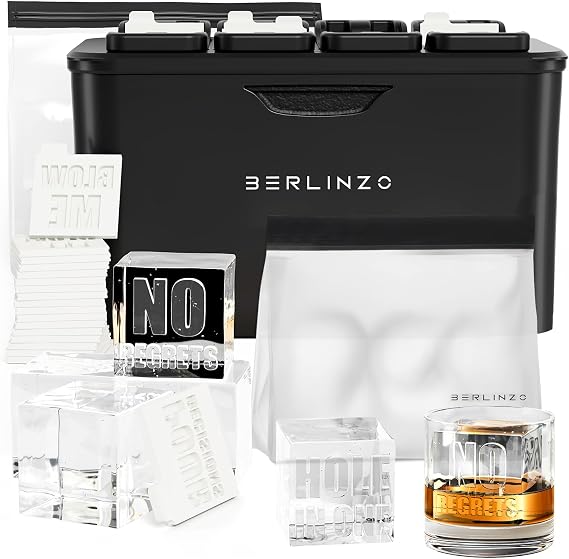 Berlinzo Premium Clear Ice Cube Maker Mold with 2 Ice Storage Bags - 8 Large 2.1" Crystal Clear Ice Cubes - Easy-to-Remove Ice Square Mold - Storage Bags Included, Black (Non-Electric Ice Maker)