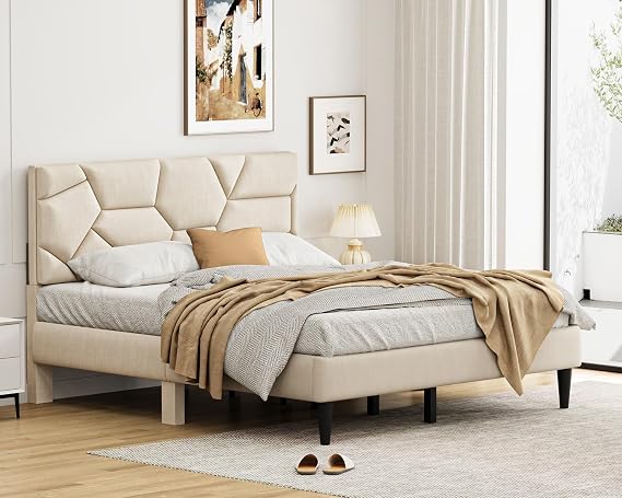 Queen Bed Frame with Upholstered Headboard, Beige Linen Platform Bed Frame Queen Size, Wood Construction with Non-Slip Legs, 7.2 Inch Under Bed Storage (Queen (U.S. Standard))