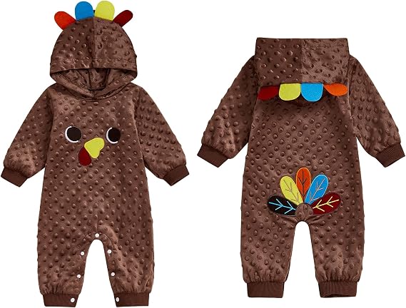 BemeyourBBs Newborn Baby Boy Girl Thanksgiving Outfit Turkey Hooded Romper Jumpsuit One Piece Outfit Infant Fall Clothes