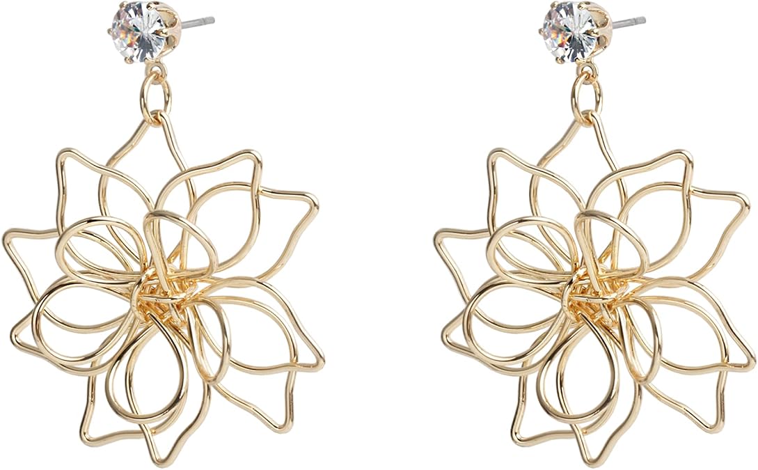 Handmade Gold Wire Wrap Flower Dangling Drop Earrings | Lightweight Floral Petal Dangle Earrings
