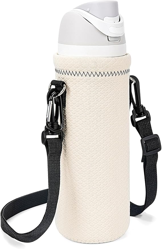Linkidea Water Bottle Carrier with Strap Compatible with Owala FreeSip 24oz, Twist 24oz, Potter 24oz Water Bottle, Neoprene Waterbottle Sling Bag Holder, Shoulder Strap, Off White