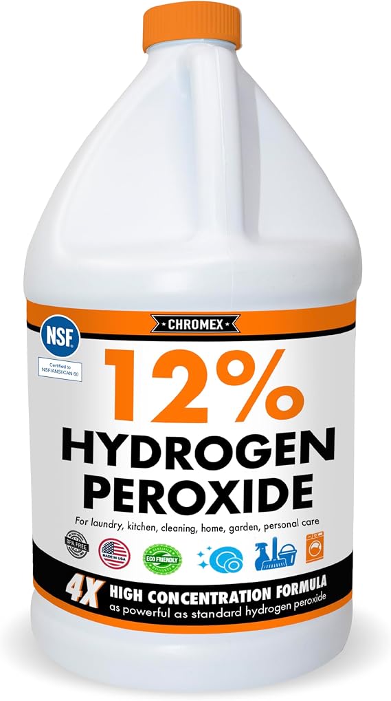 Chromex Hydrogen Peroxide 12 Percent Food Grade, 4X Power Concentrated Solution, Dilutes to 4 Gallons, Versatile Uses Include Topical Care, Home, Kitchen, Bath Cleaner, NSF Certified, 1 Gallon